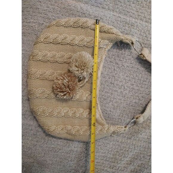 Chateau Knitted Pom Pom Shoulder Beige Bag Boho Hobo Winter - Picture 9 of 11